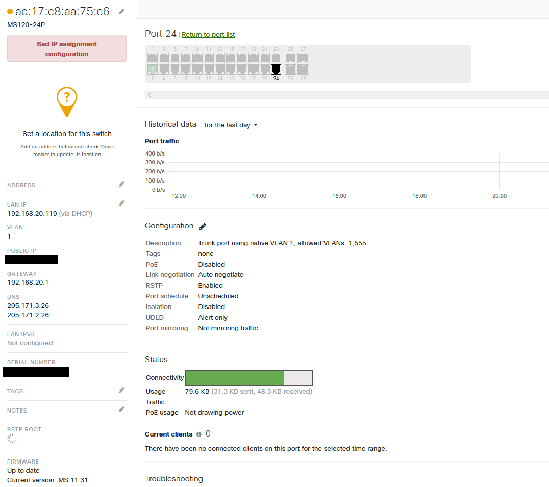 MS120 - Gateway warning (bad connectivity to Dashboard, possible
