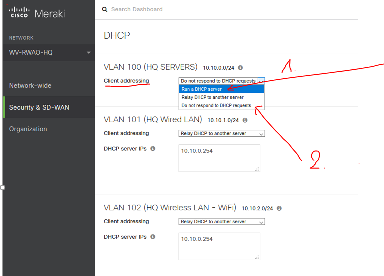 Re Meraki MX100 Run as DHCP or Relay DHCP to another server The