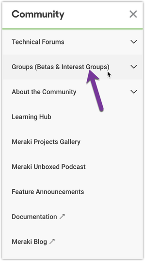 Updated community navigation with a "Groups" category