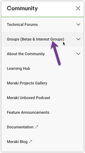 Updated community navigation with a "Groups" category