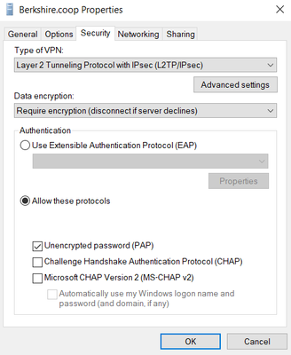 Connection Properties -> Security Tab