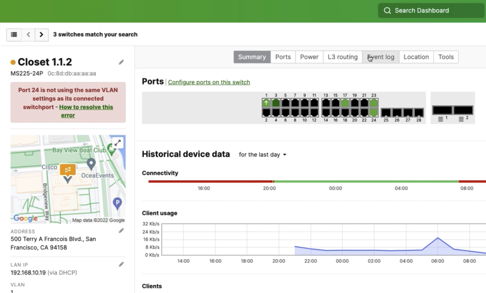 Overview of the Meraki MS Switch Summary page in the Meraki Dashboard