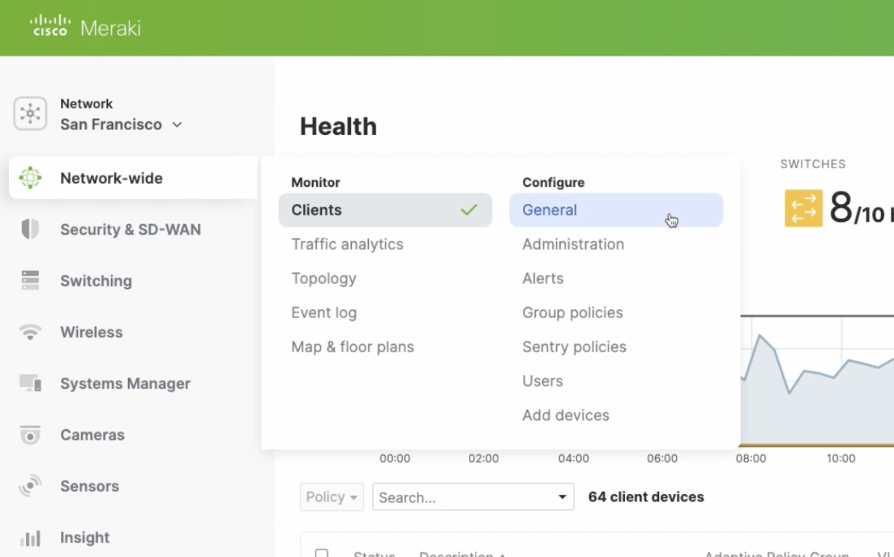 Cisco Meraki Dashboard Menus and Administrator Preferences