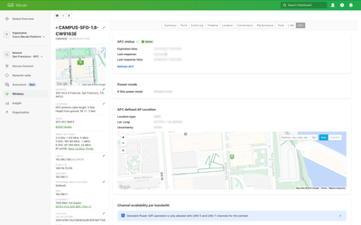 The AFC tab on the Meraki dashboard displays the AFC status, 6 GHz power mode, and location.