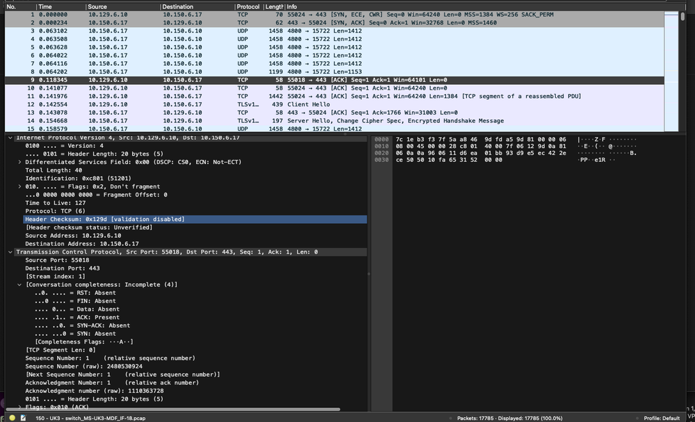 Packet capture between platform 10.129.6.10 and device 10.150.6.17 (from platform to device)