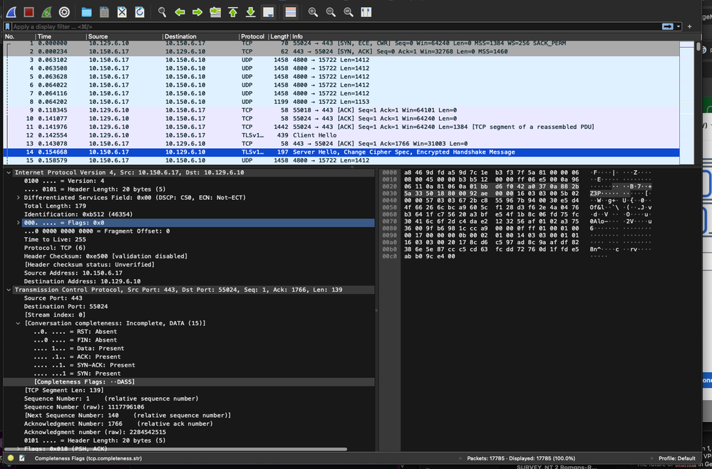 Packet capture between platform 10.129.6.10 and device 10.150.6.17 (from device to platform)