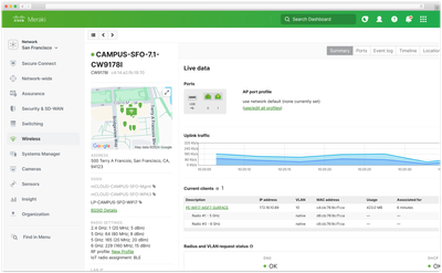 The MLO feature on the Meraki dashboard displays the client device connected to two radios.