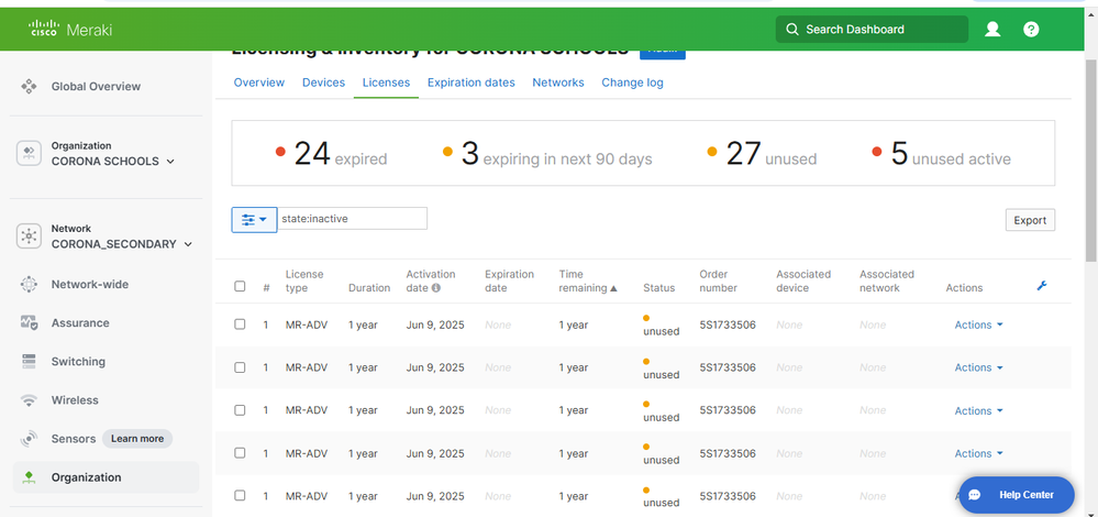 Snapshot of the dashboard showing unused licenses and license activation date.PNG