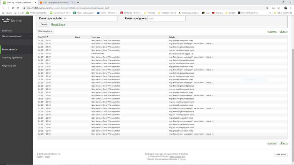 Capture of event log with 4 VPN s to AWS running with succesful pings to 4 individual instances.JPG