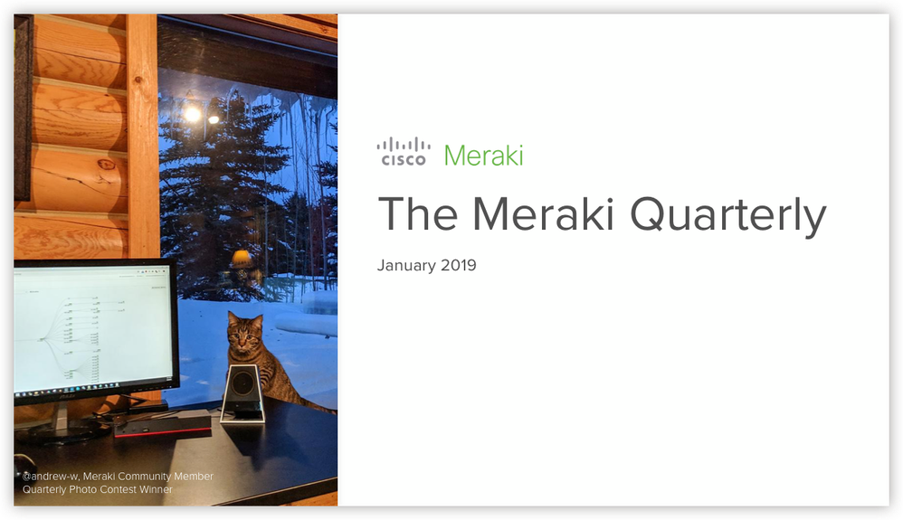 The winner! Shown in situ as the cover slide of the Meraki Quarterly Webinar
