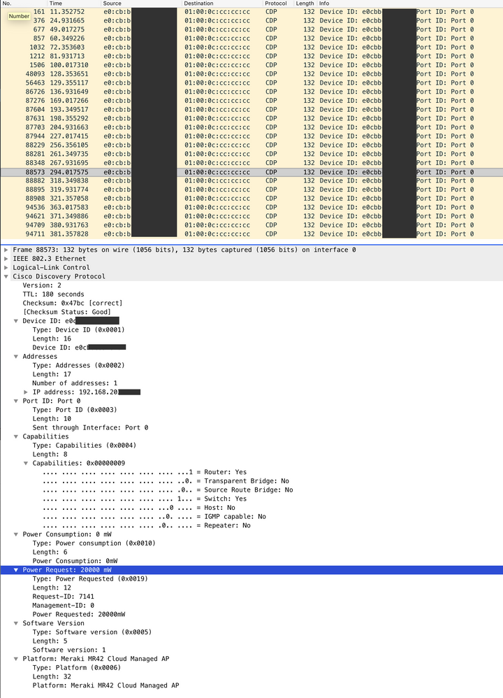 Wireshark CDP packets captured