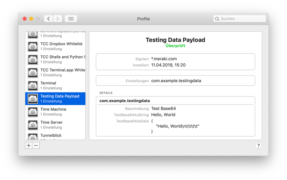 Profile installed via Meraki Systems Manager