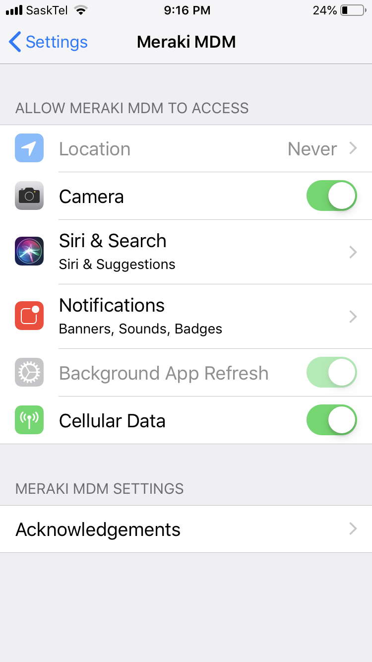 Location services does not list Meraki MDM and MDM Settings does not list l... The Meraki