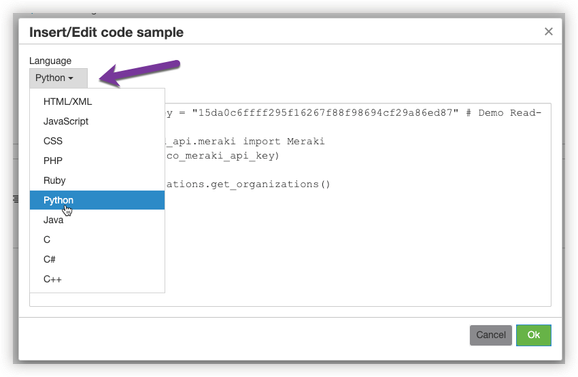 Selecting the language of a code sample